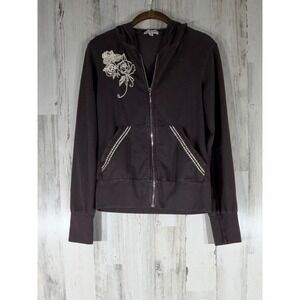 American Buddha Womens Hoodie Sweatshirt Small (XS) Brown Rose Embroidered Zip